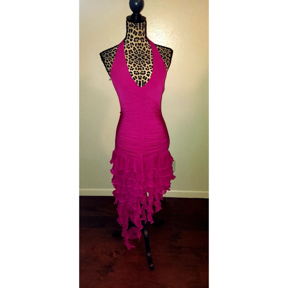 Pink stretch ruched high low halter cocktail dress. Worn once